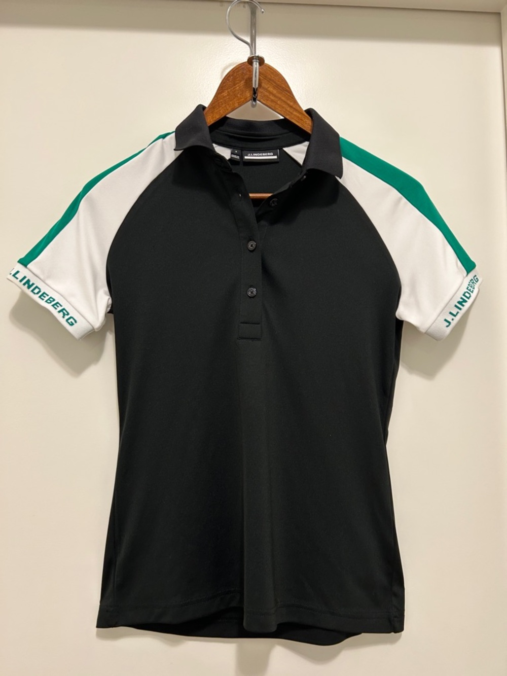 J.Lindeberg Black Polo with White Sleeves and Green Shoulder Stripe